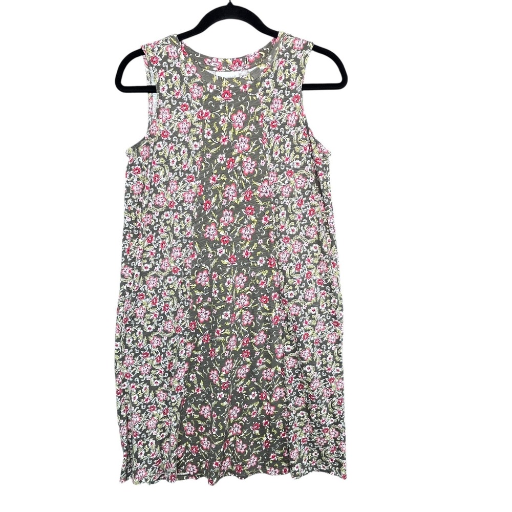 J Jill Floral Tank Shift Dress Cotton Modal Knit XS Green Pink Lagenlook Cottage